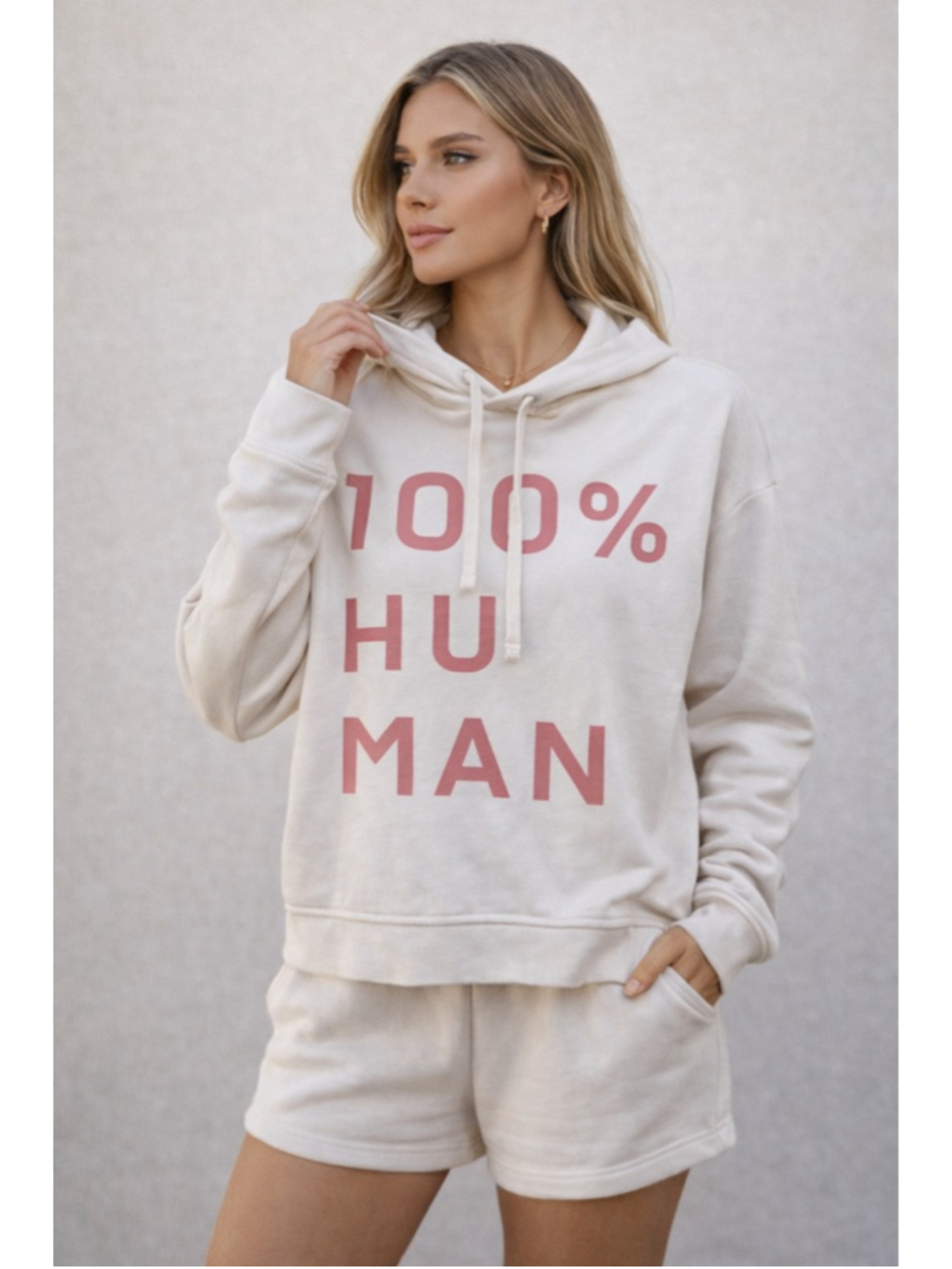 Everlane 100% Human Graphic Hoodie Sweatshirt Large Cream Pink Pullover